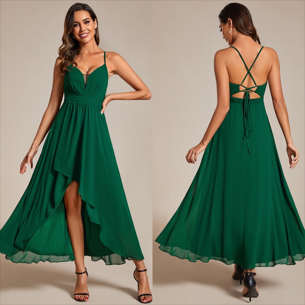 Ever Pretty Dark Green High Low Chiffon Gown Open Back Dress US 14 NWT